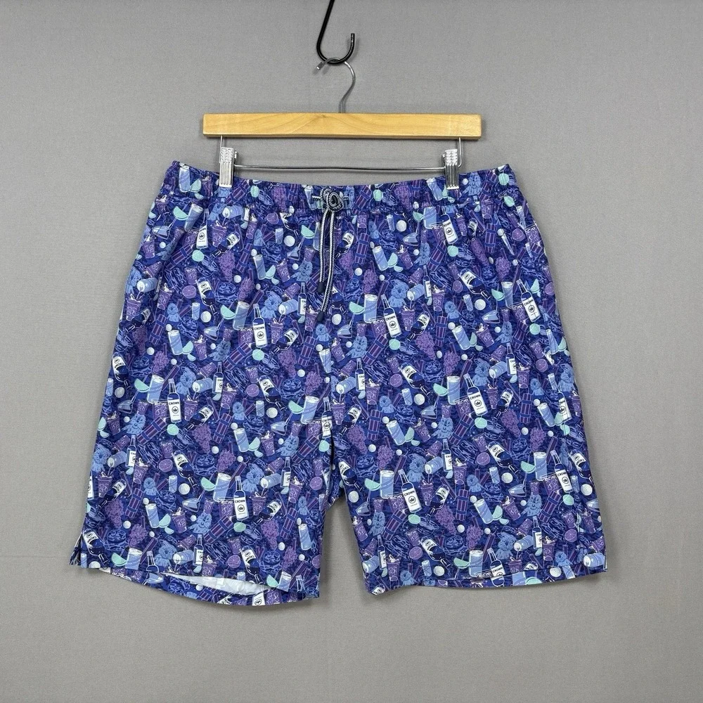 Peter Millar Seaside Performance Swim Trunks Mens XL AOP Purple Bottle Print EUC
